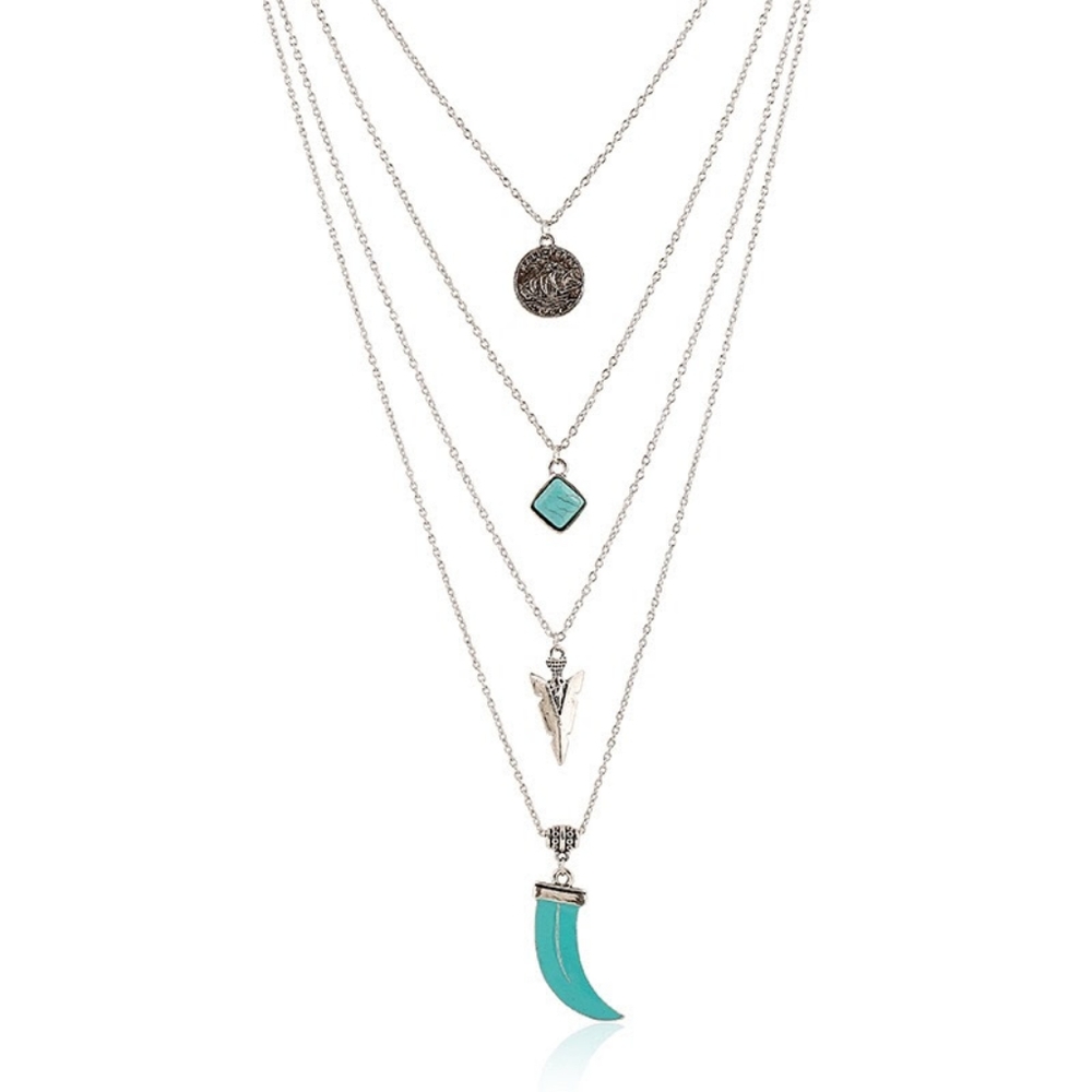 Multi-Layered  Turquoise  Pendant  Coin Necklace
